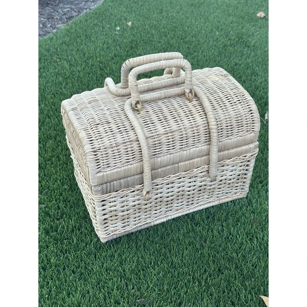Beautiful Vintage Woven Wicker Picnic Basket with Handle and Lid